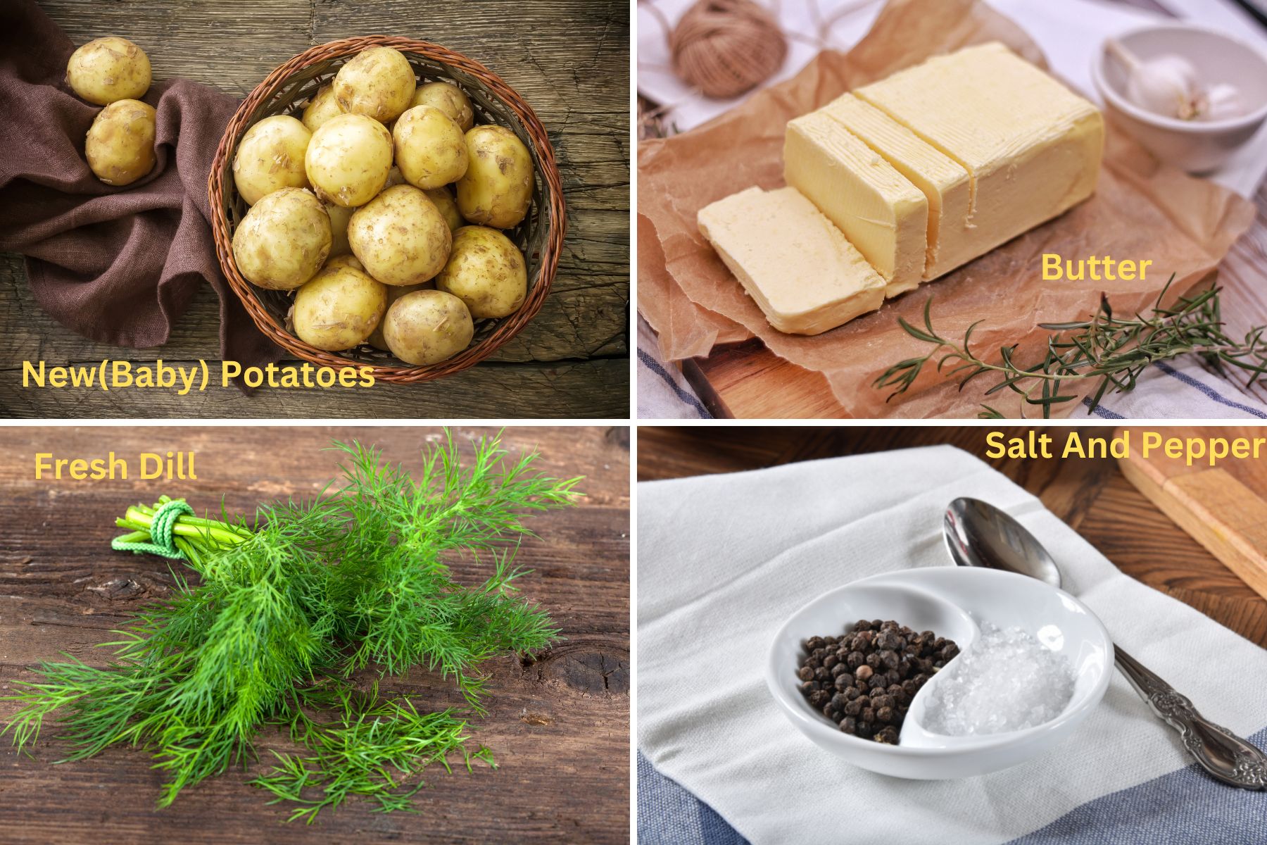 New (Baby) Potatoes with dill- collage of ingredients