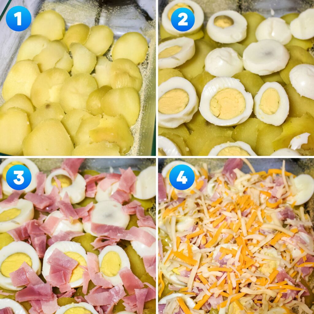 Collage of steps to assemble the dish.