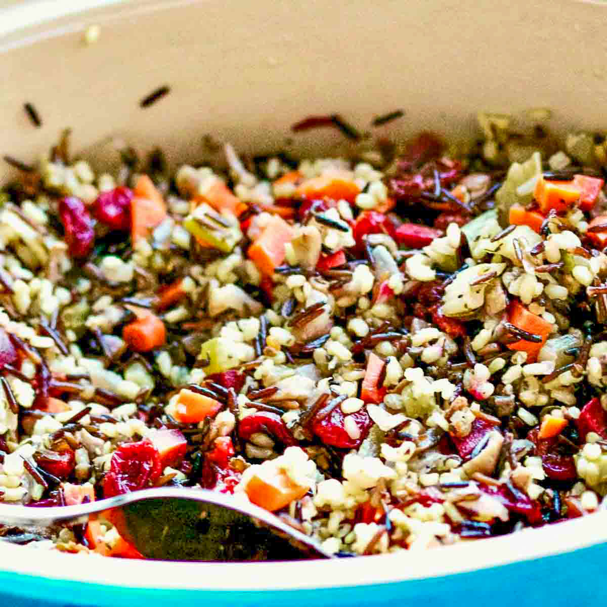 Wild Rice Stuffing in a blue baking dish.
