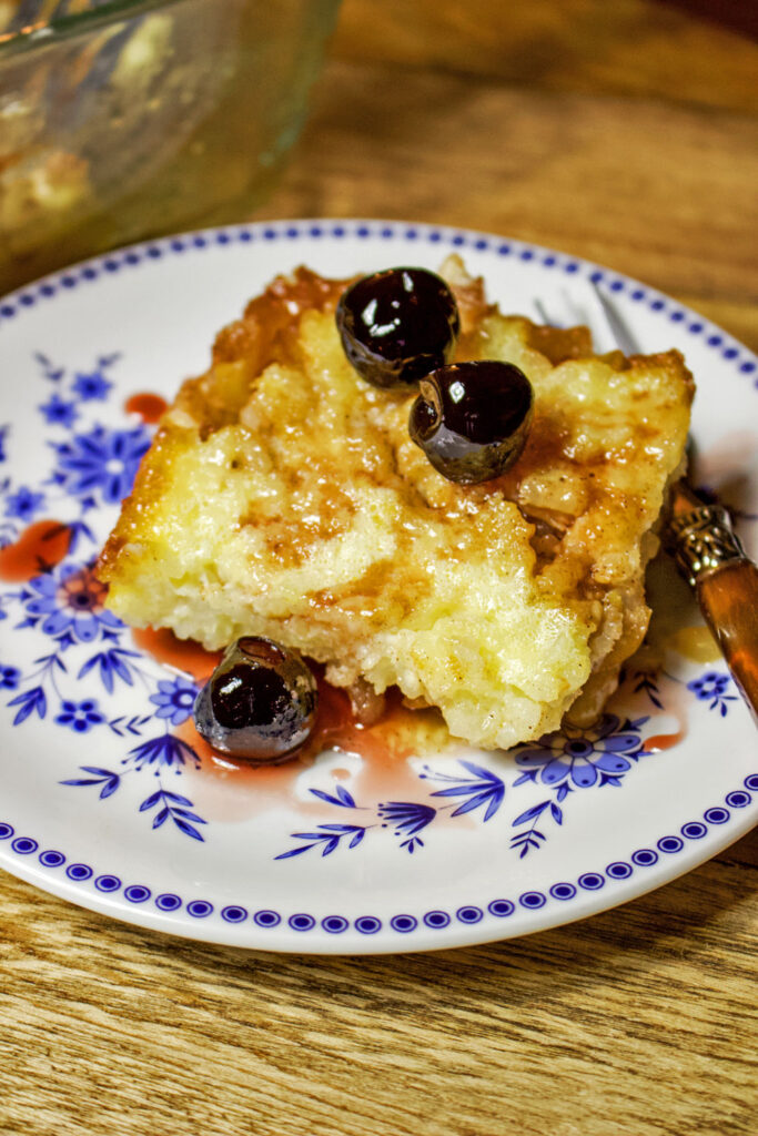 Baked Rice Apple Pudding slice on plate0