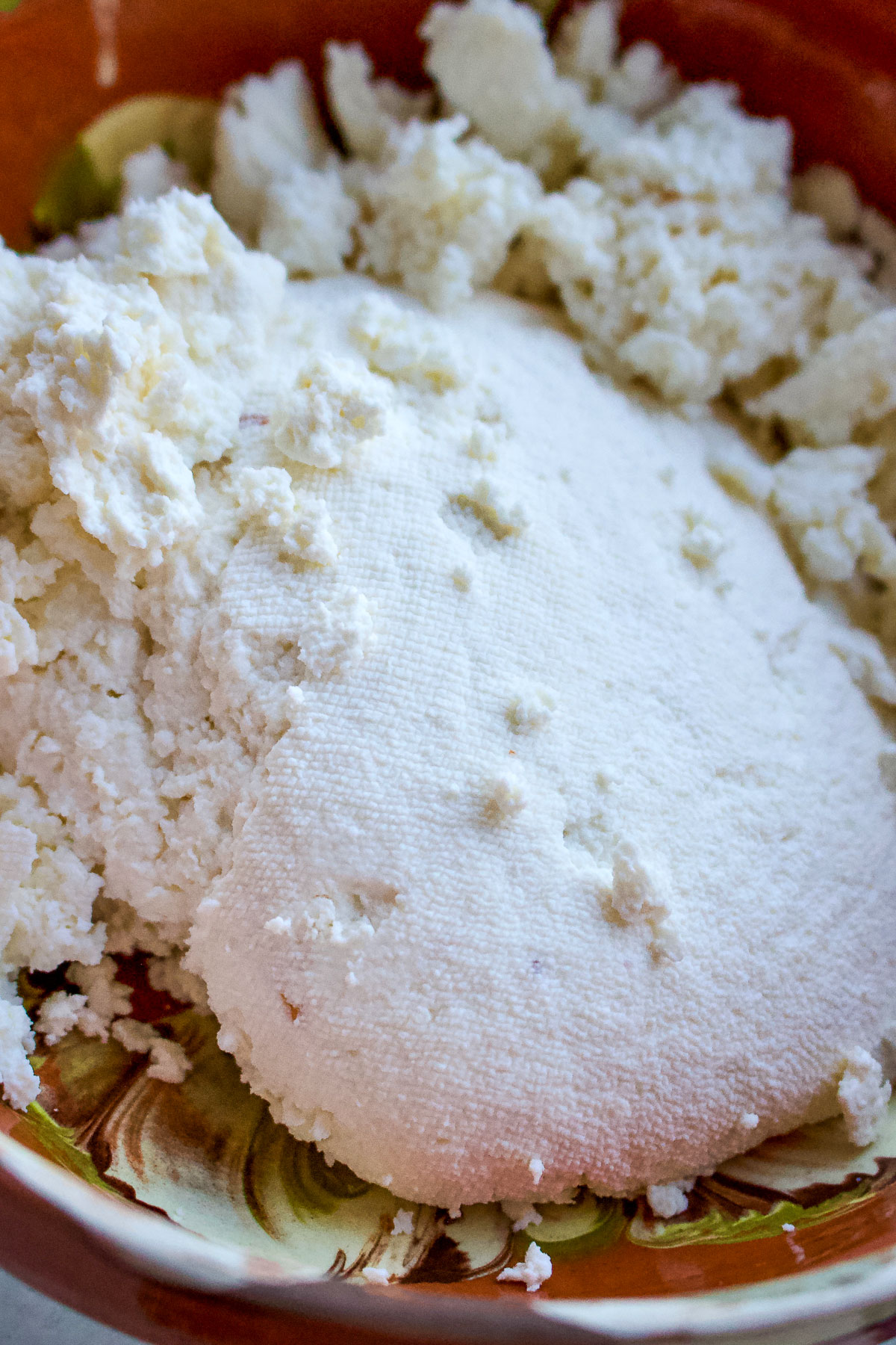 Farmer's cheese in a bowl ready for use0