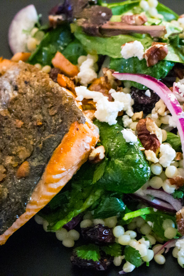 Fresh Baby Spring Greens Couscous Pecans Salad With Grilled Salmon22 Fresh Baby Spring Greens Couscous Pecans Salad With Grilled Salmon close up