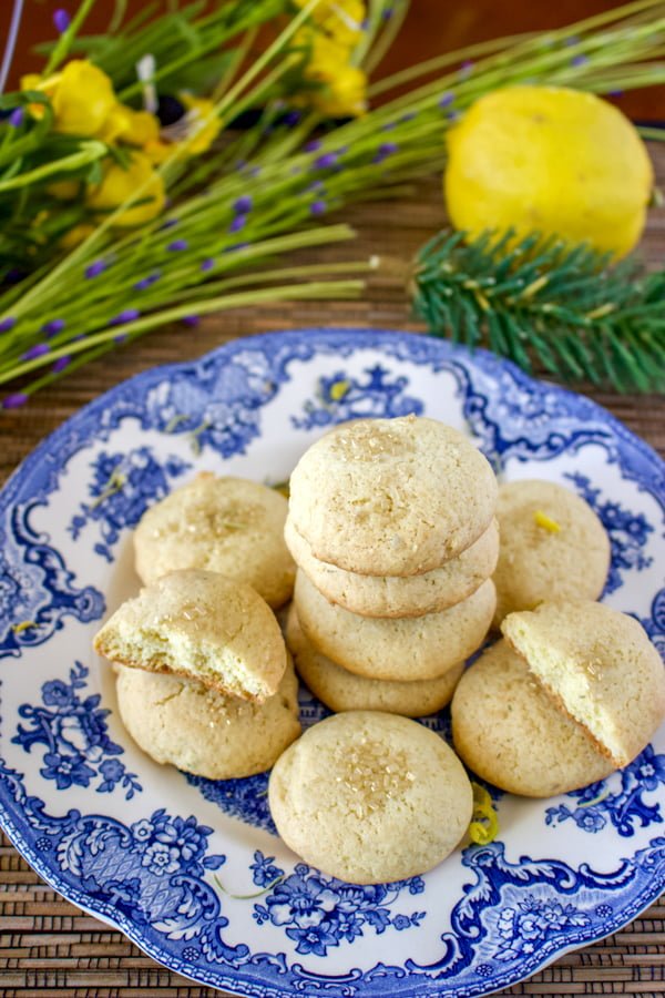 Olive Oil Lemon Cookies With Herbs- on a blue and white plate