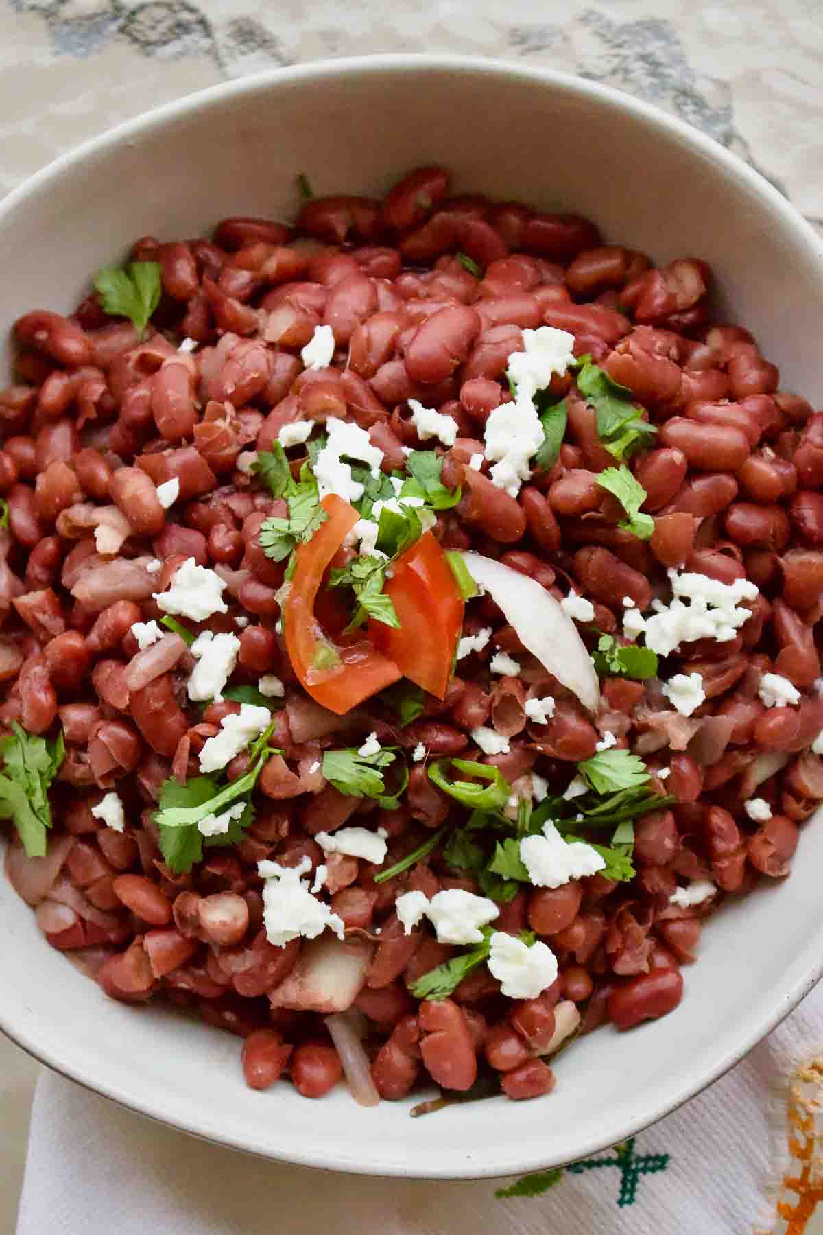 Mexican Beans in a white bowl.