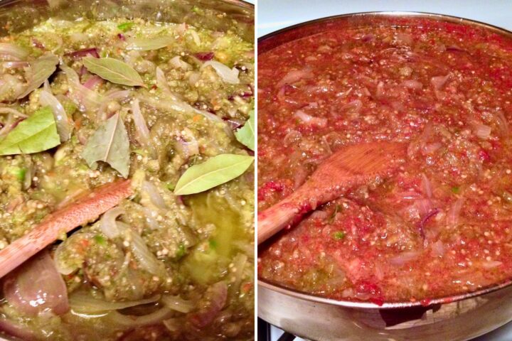 Adding tomato sauce and bay leaves to zacusca.