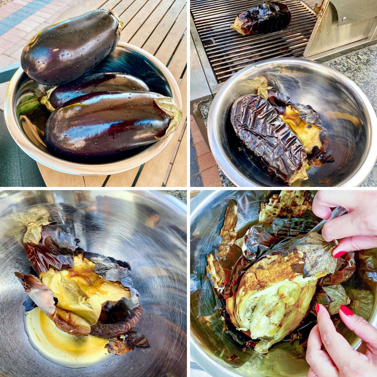 Cleaning grilled eggplant collage.
