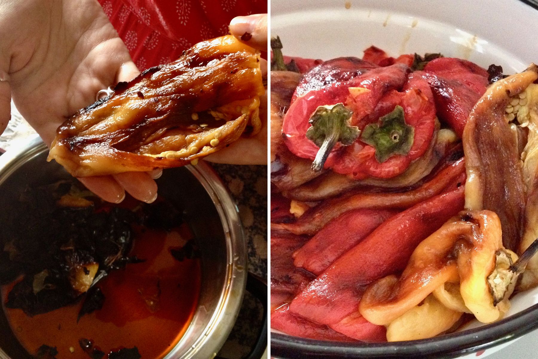 Cleaning roasted peppers collage.