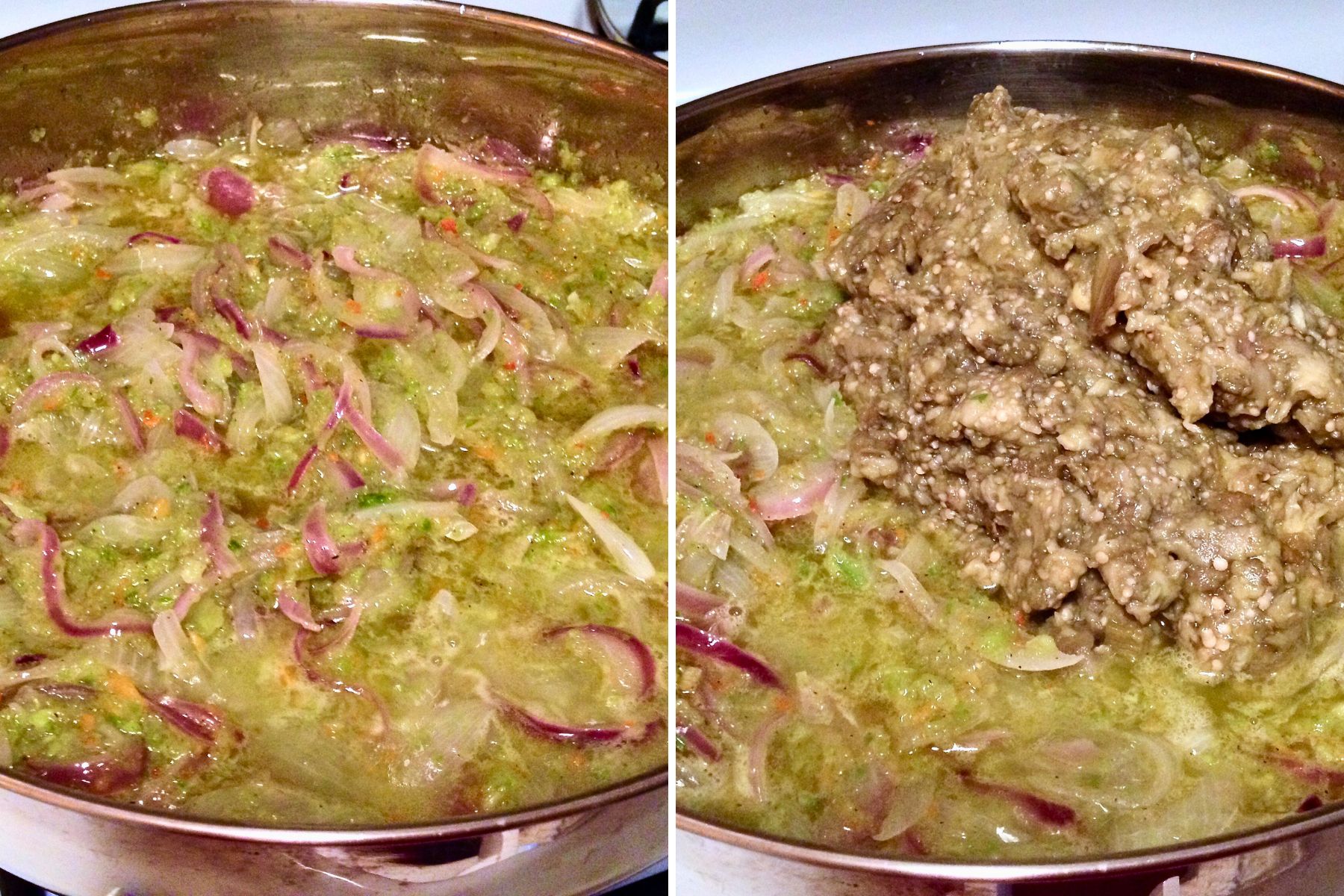 Cooking onions peppers and eggplant together collage.