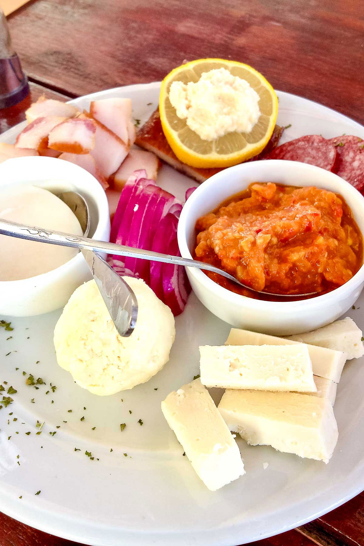 Platter with traditional Romanian appetizers.