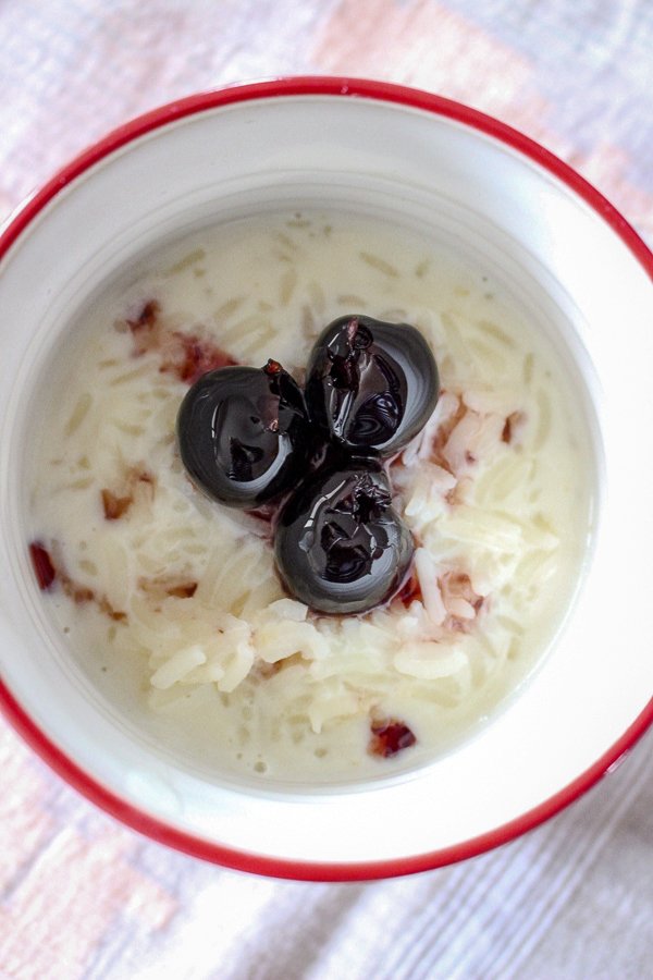 Classic Stove-Top Rice Pudding with sour cherry preserves
