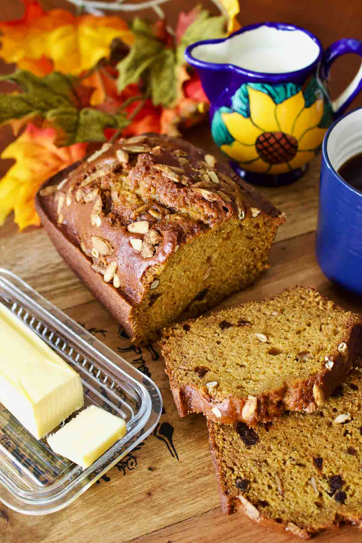 Pumpkin Seed And Apricot pumpkin Sweet Bread- This is a very moist and delicious recipe of pumpkin bread. The surprise in this bread is the addition of dried apricots and the candied pumpkin seeds sprinkled over the bread. Apricot Pumpkin Bread sliced and served with butter and coffee.