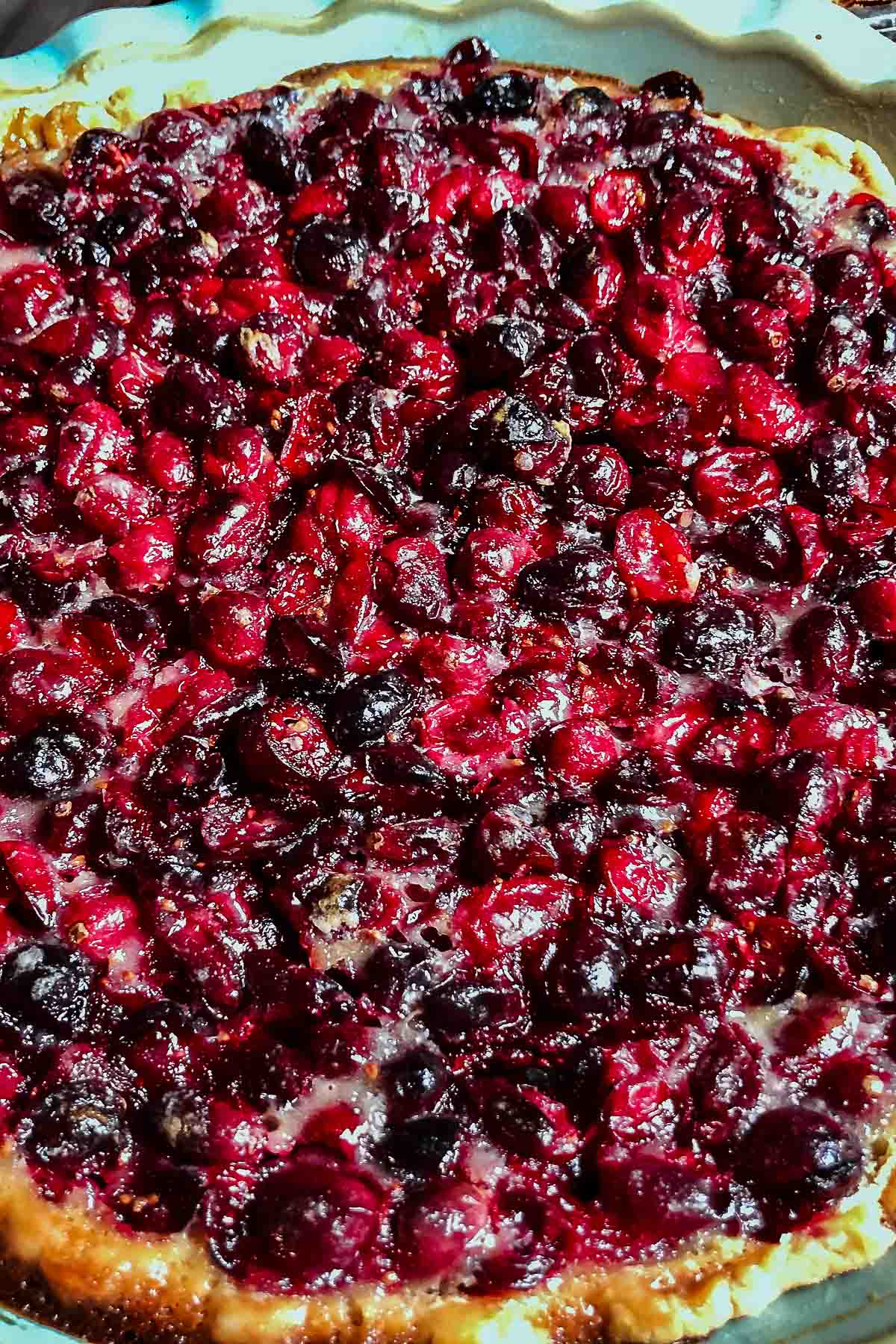 Cranberry Pie With Cream Cheese Crust in the baking pan.