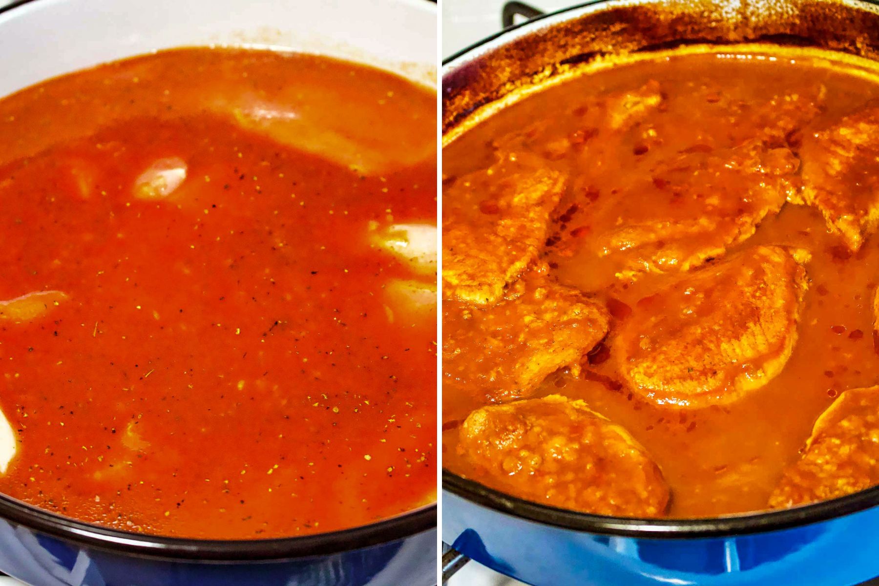 Step 3 and 4 for baking pork in garlic tomato sauce.