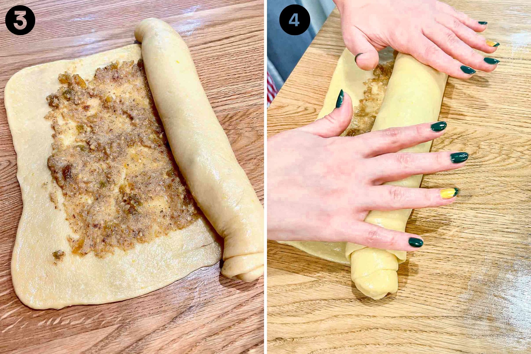 Collage of filling the dough with walnuts and rolling the dough.
