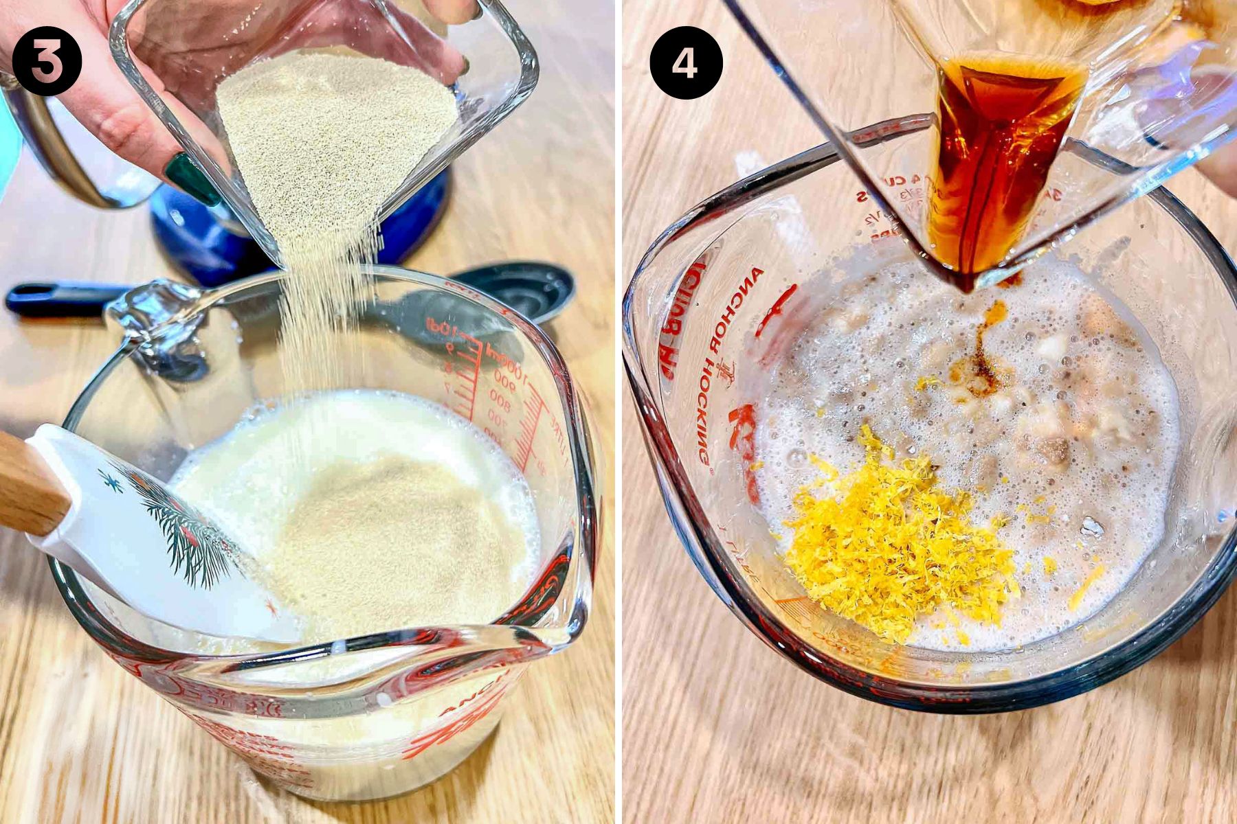 Collage of images adding yeast lemon zest and vanilla to the starter.