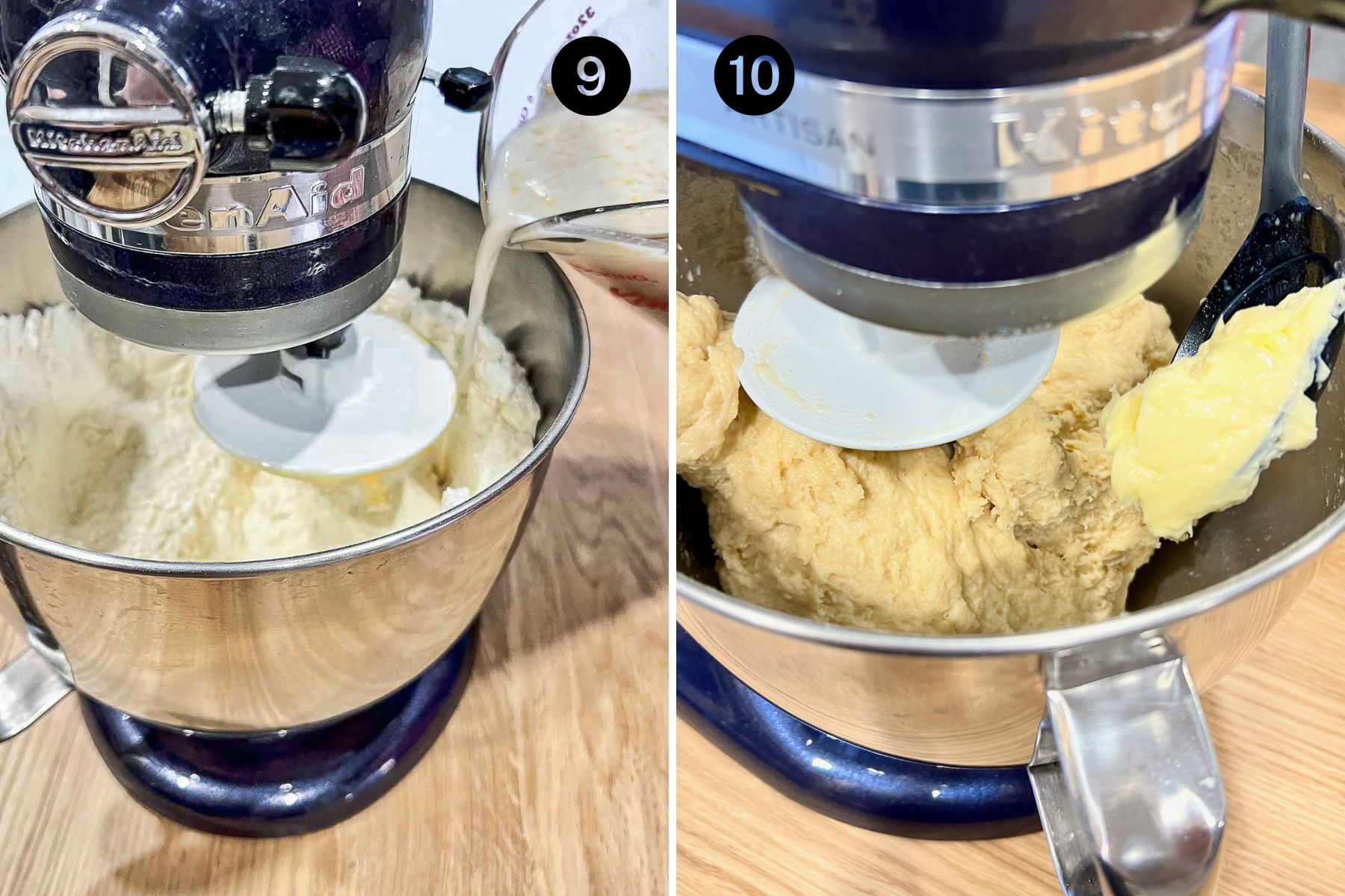 Collage of images of adding milk with yeast and butter to the batter.