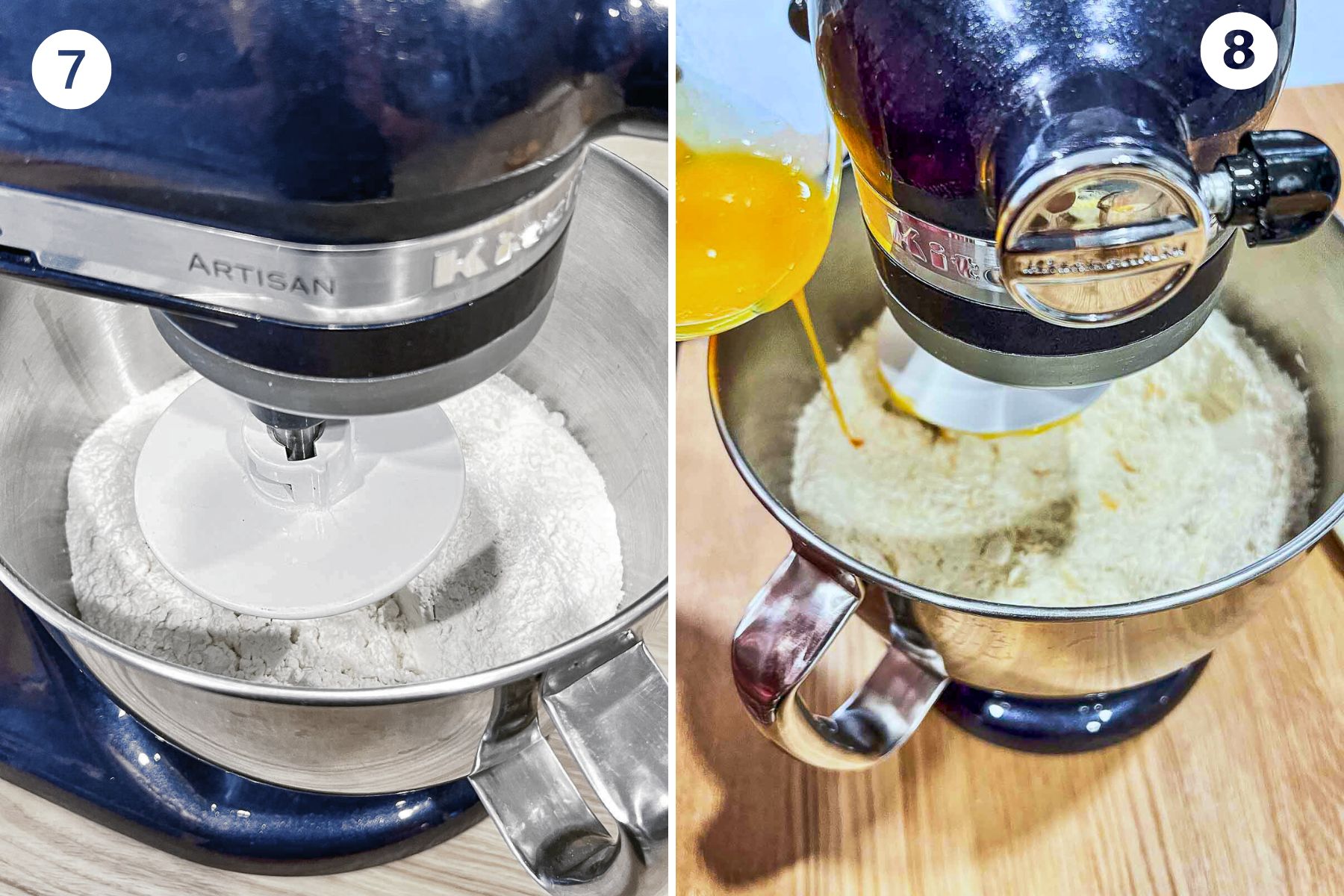 Collage of images of mixing flour with egg yolks.