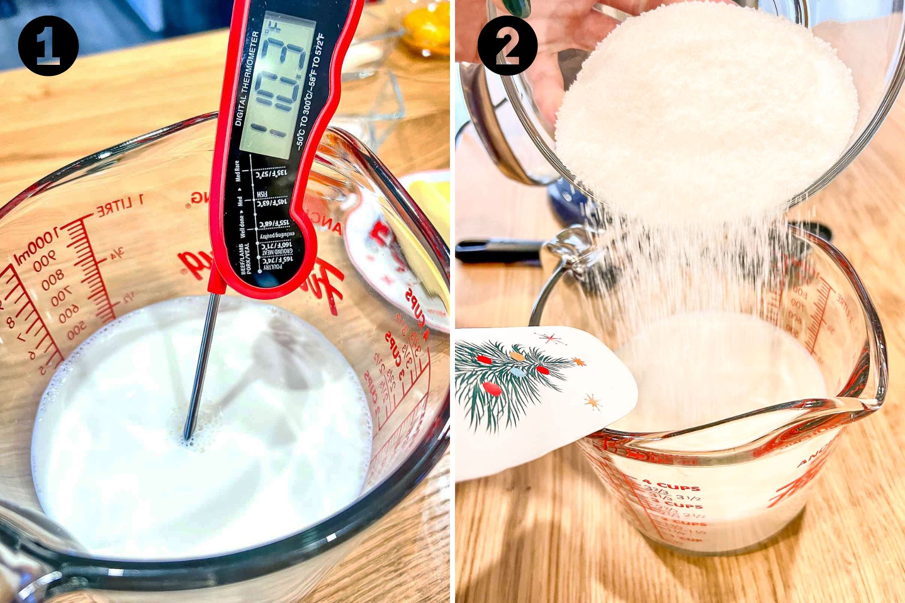 Collage of warm milk and sugar being added to the milk.