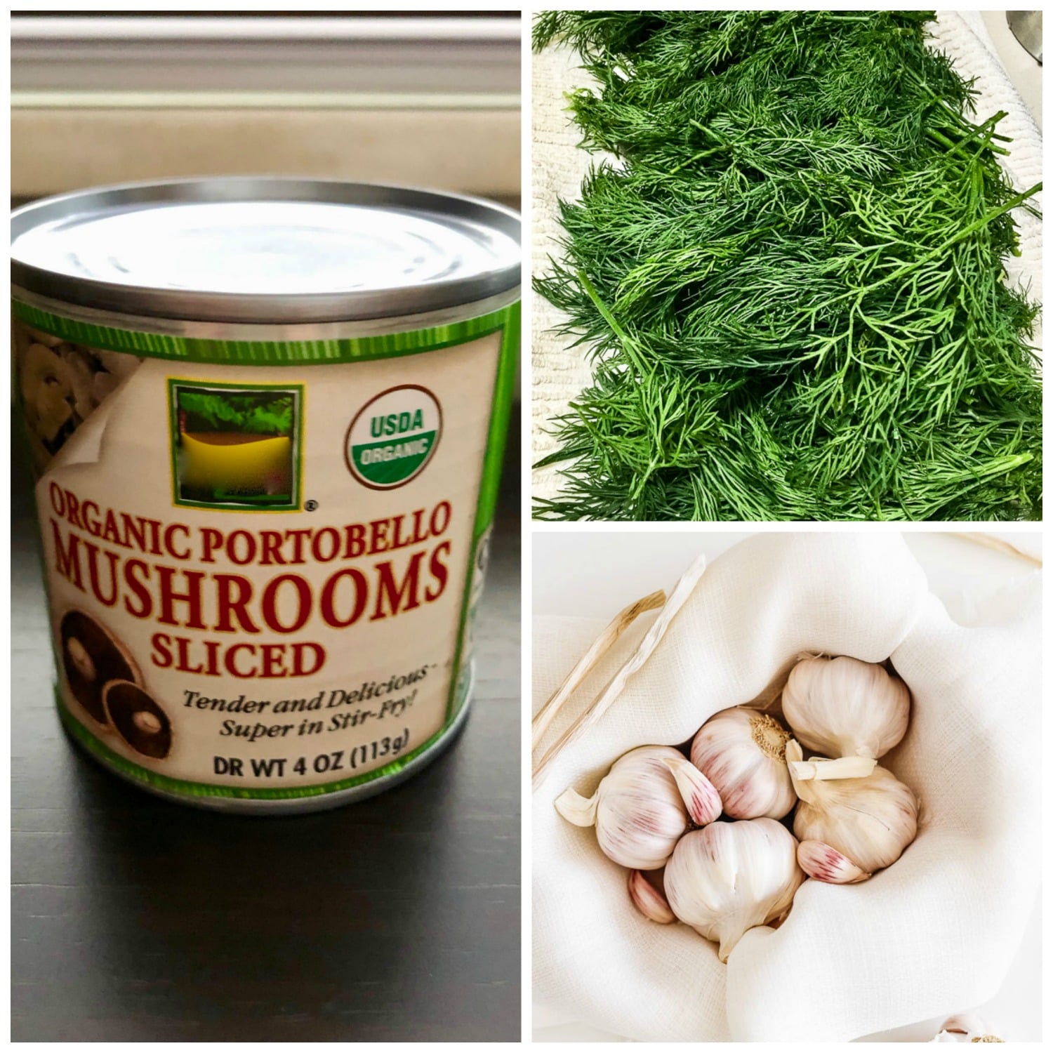 can of mushrooms, dill and garlic collage picture
