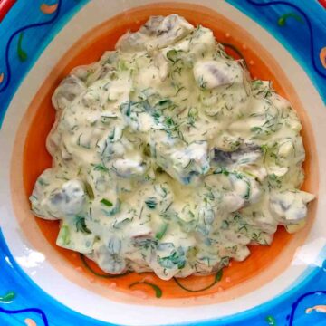 Romanian Creamy Garlic Dill Mushroom Spread (New Year’s Eve Appetizer) in a serving bowl.