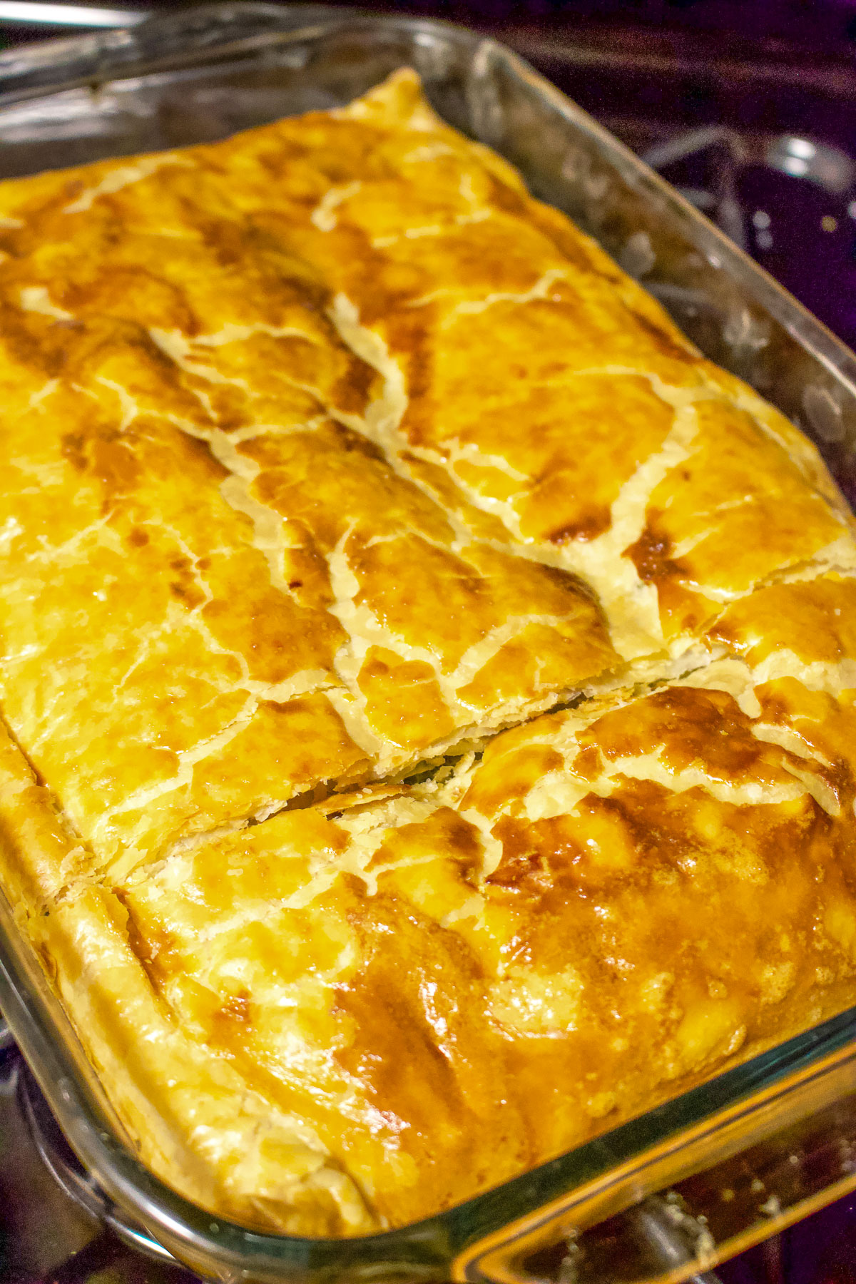 Spinach Feta Cheese Pie in a glass pan0