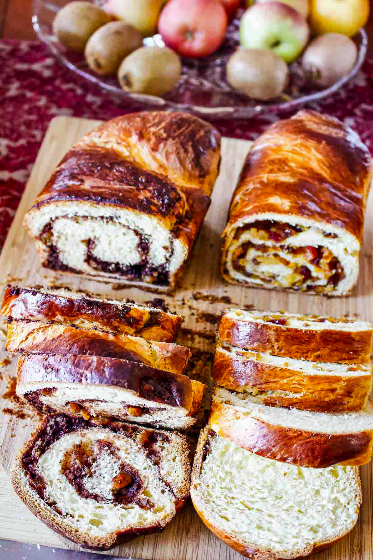 Two loaves of sweet bread with walnut and dried fruit.