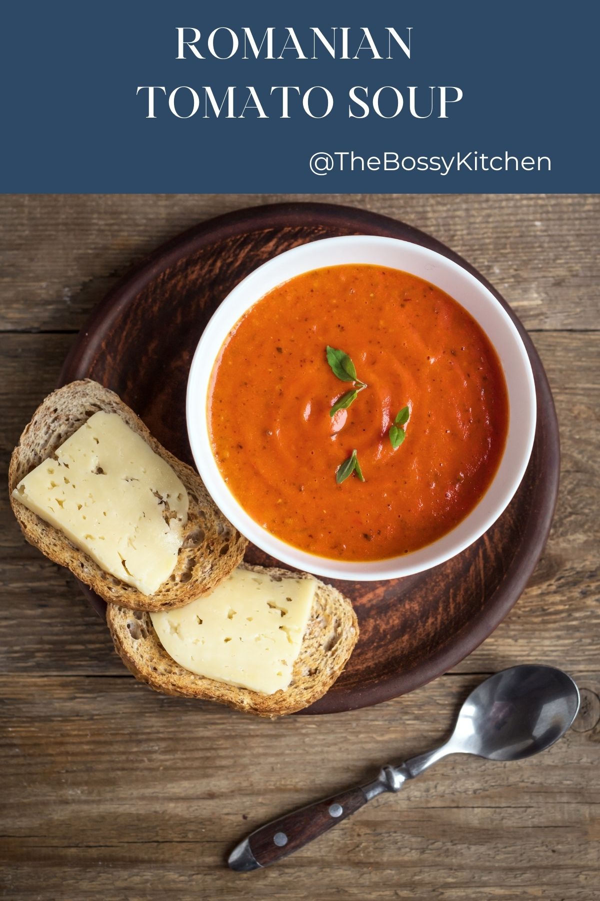 Tomato soup in a white bowl with two slices of bread and cheese, a Pinterest collage.