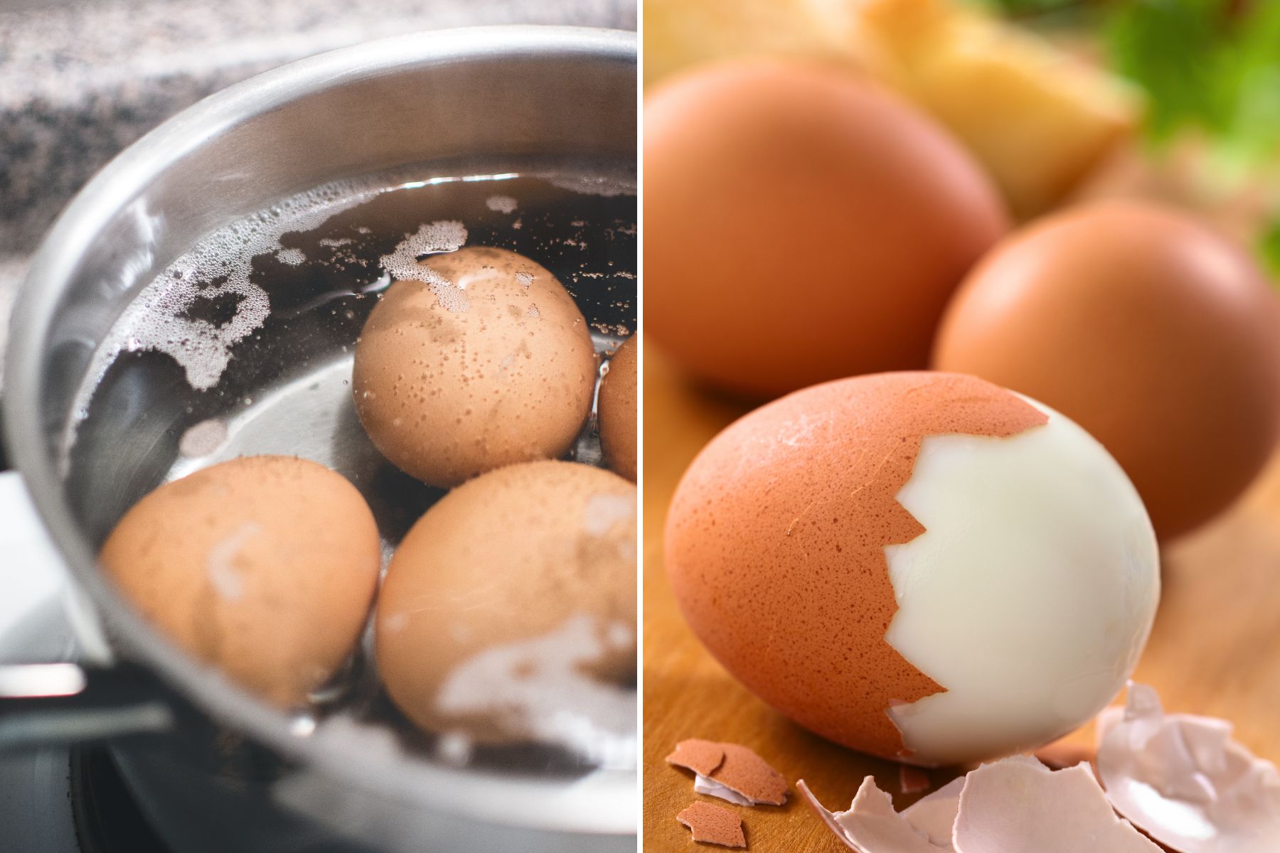 Boiling and peeling eggs (collage).
