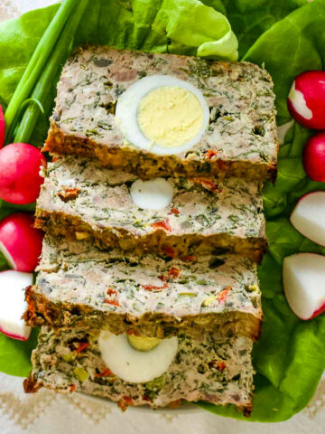 Delicious Easter Meatloaf With Hard Boiled Eggs on platter.