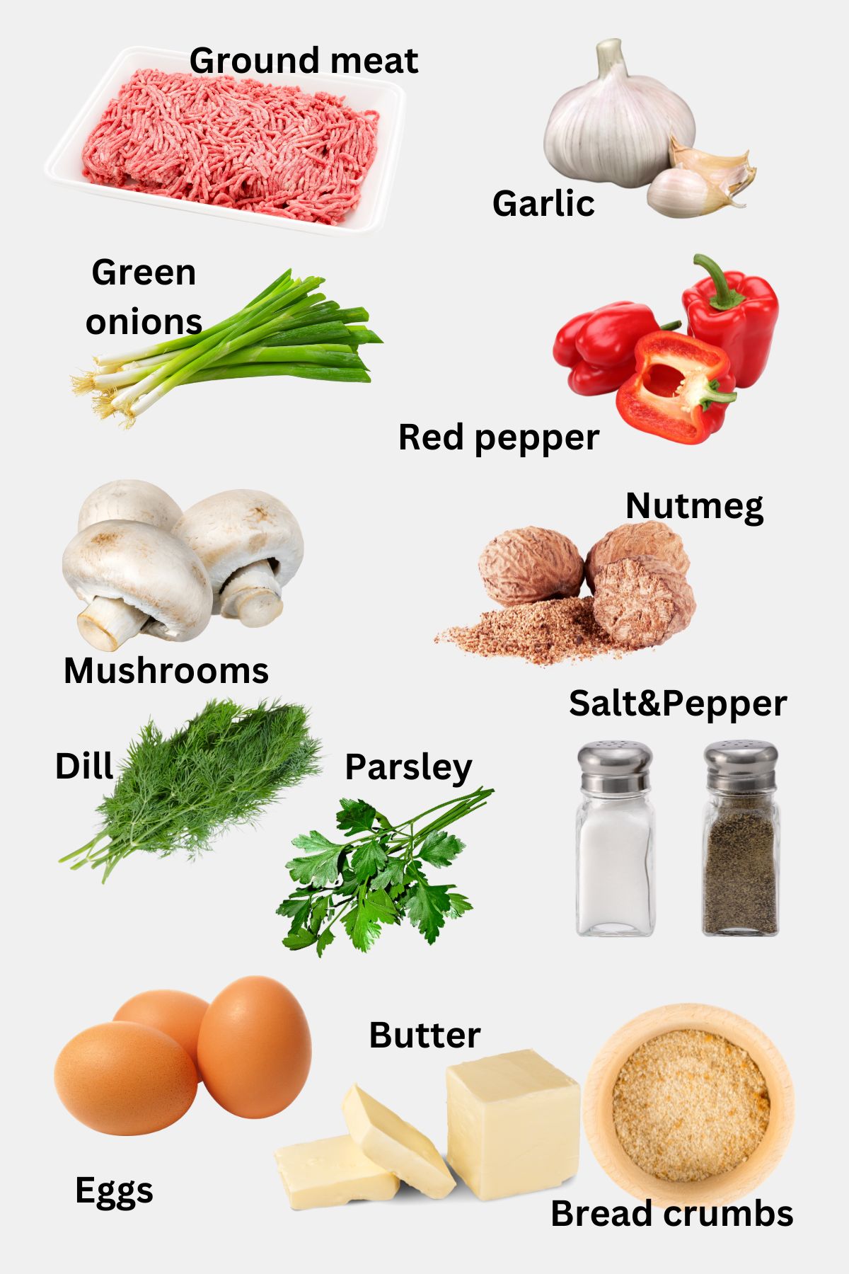 Ingredients collage for Easter meatloaf wIth hardboiled eggs.