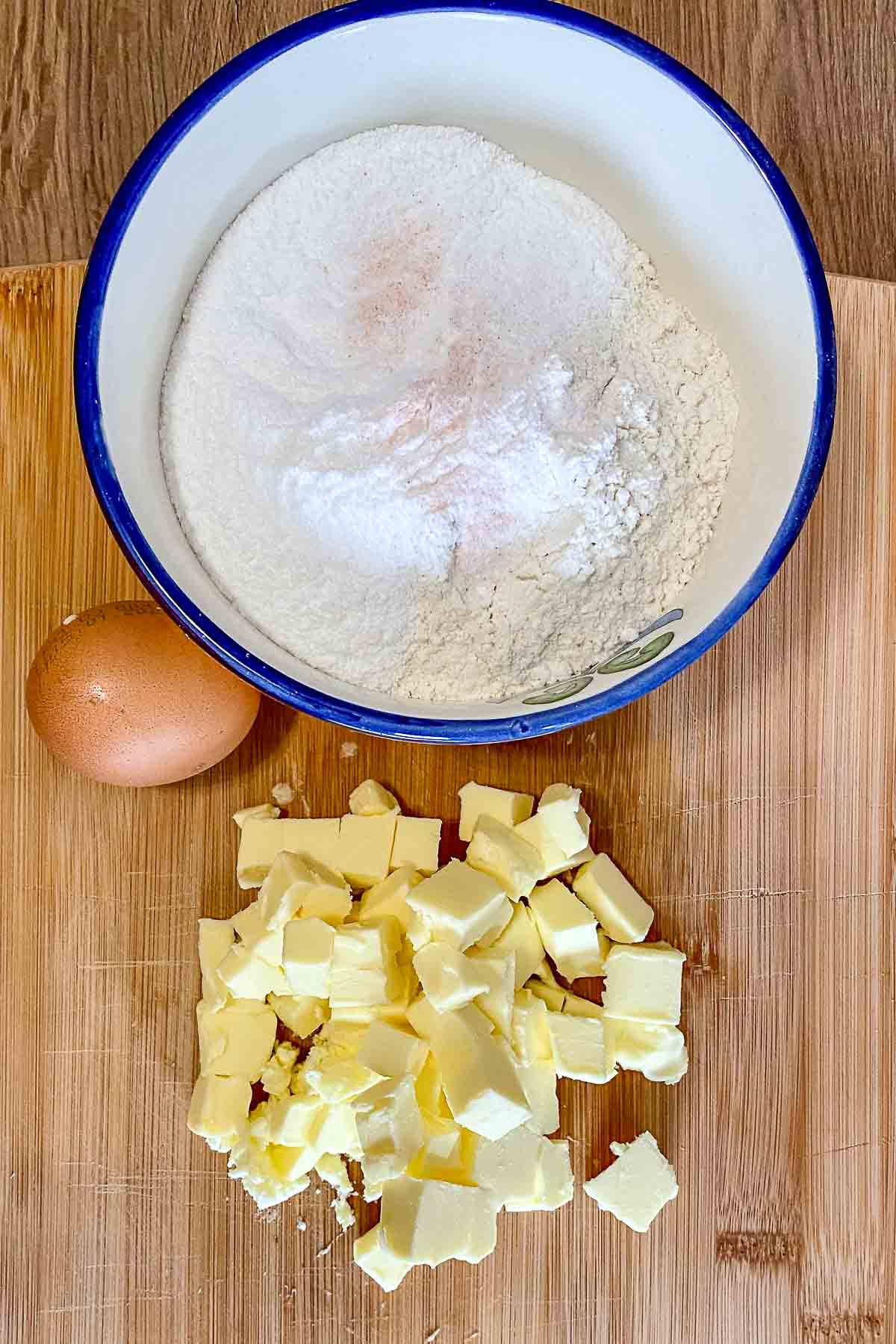 Ingredients for making the crust for Walnuts and jam bars.