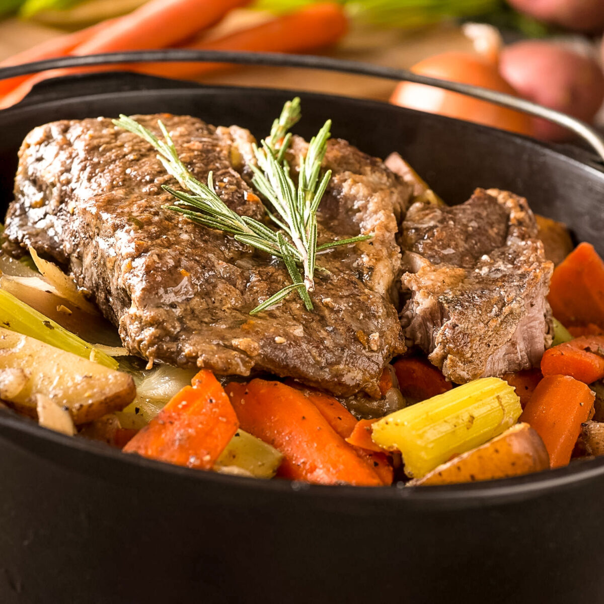Pot Roast with vegetables in cast iron square photo0