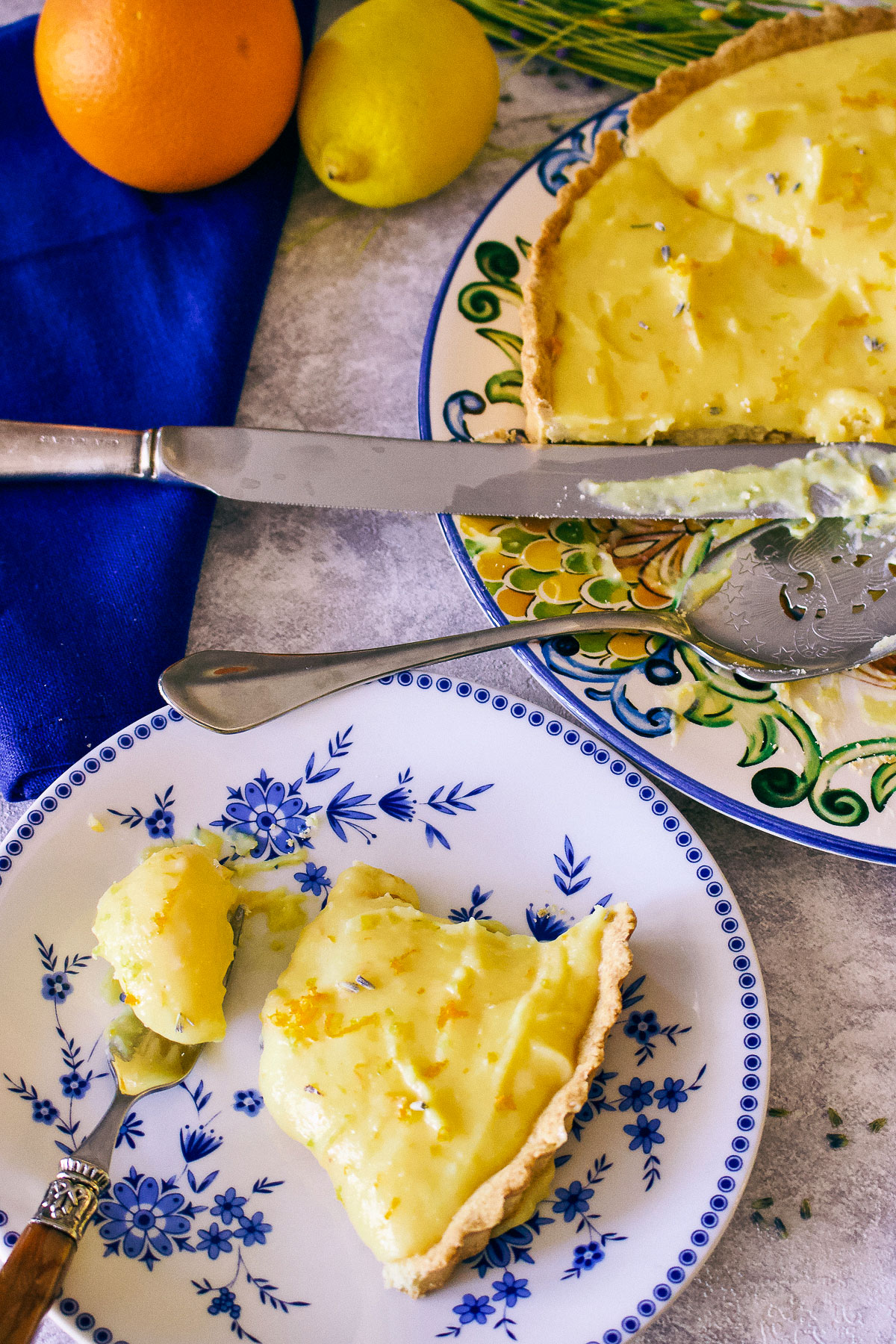 Slice of Citrus Curd Pie on a plate with fork0