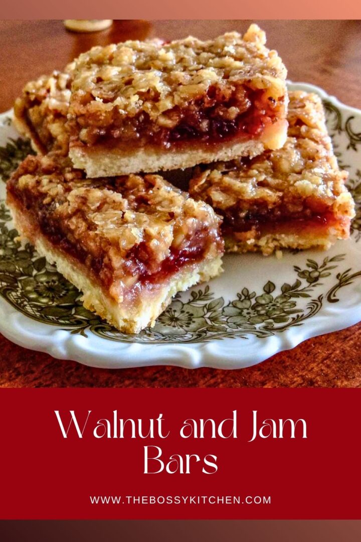 Walnut and Jam Bars on a plate- Pinterest collage.