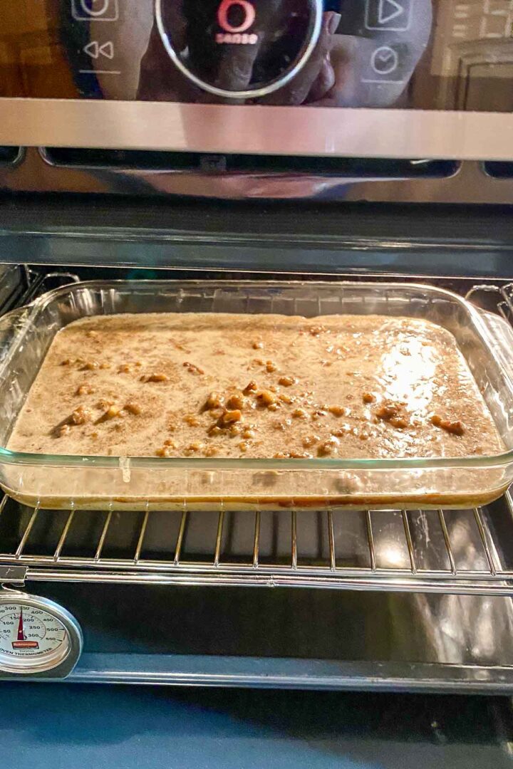 Walnut and jam bars baking in the oven.