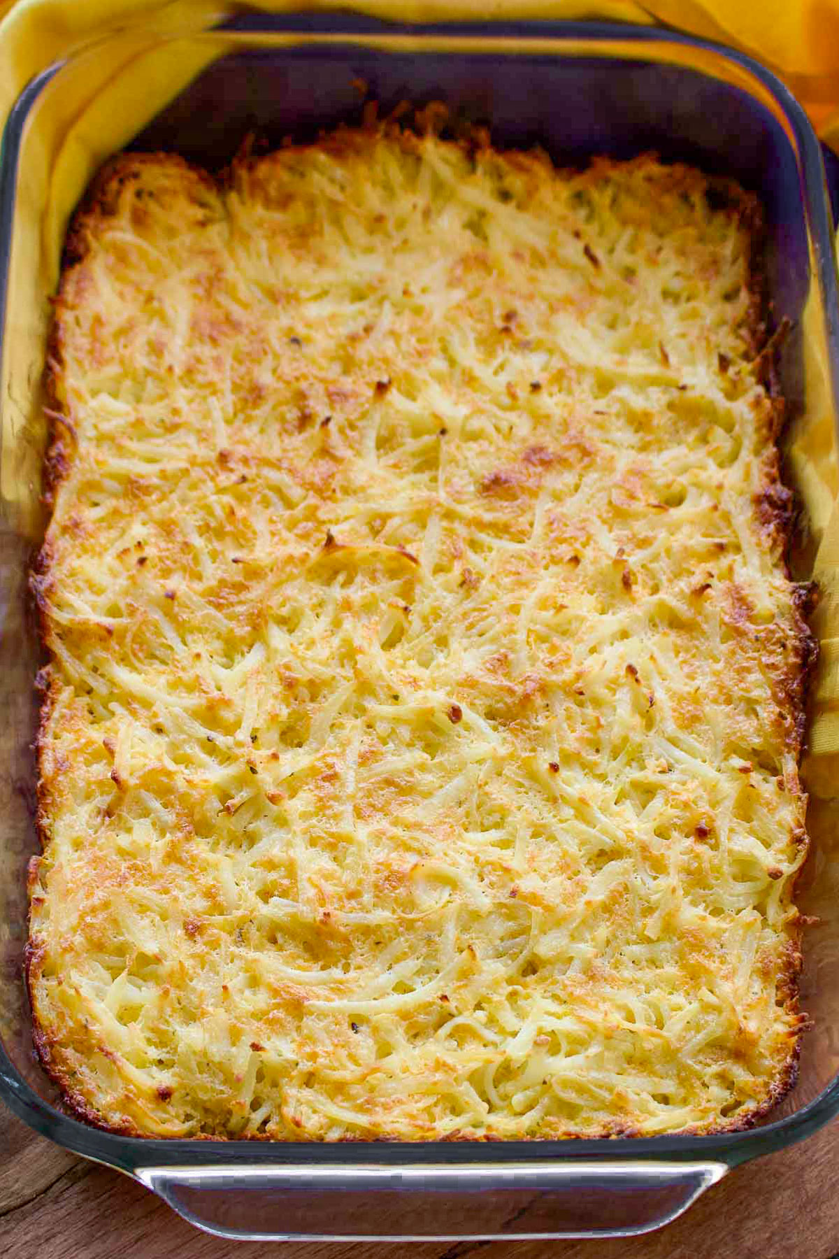 Baked Funeral Potatoes in a Pirex baking dish.