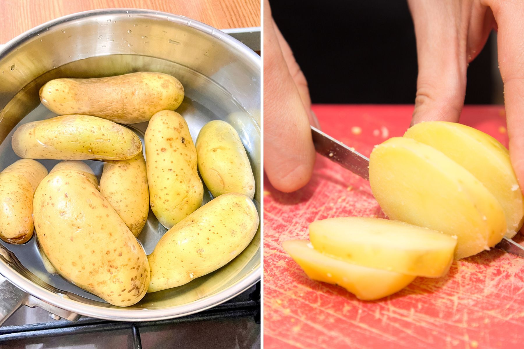 Collage of two images with potatoes boiling in a pot and hands slicing cooked potatoes. 