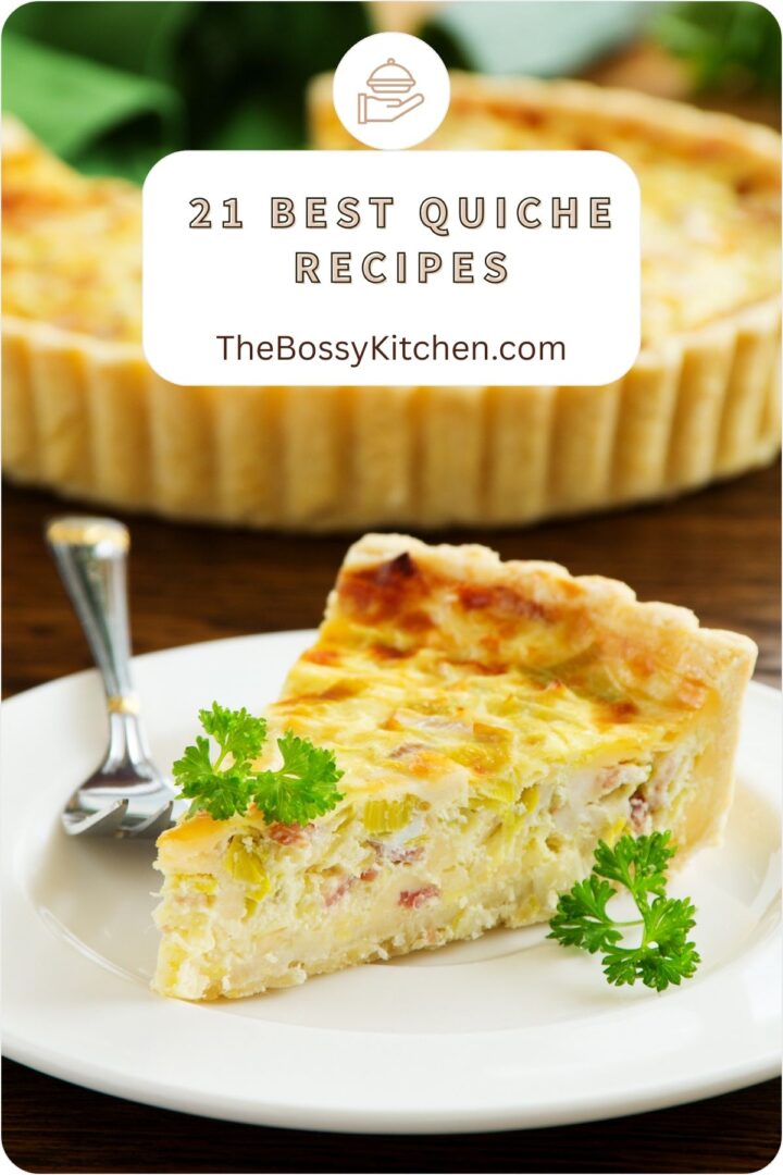 Quiche sliced on a white plate.