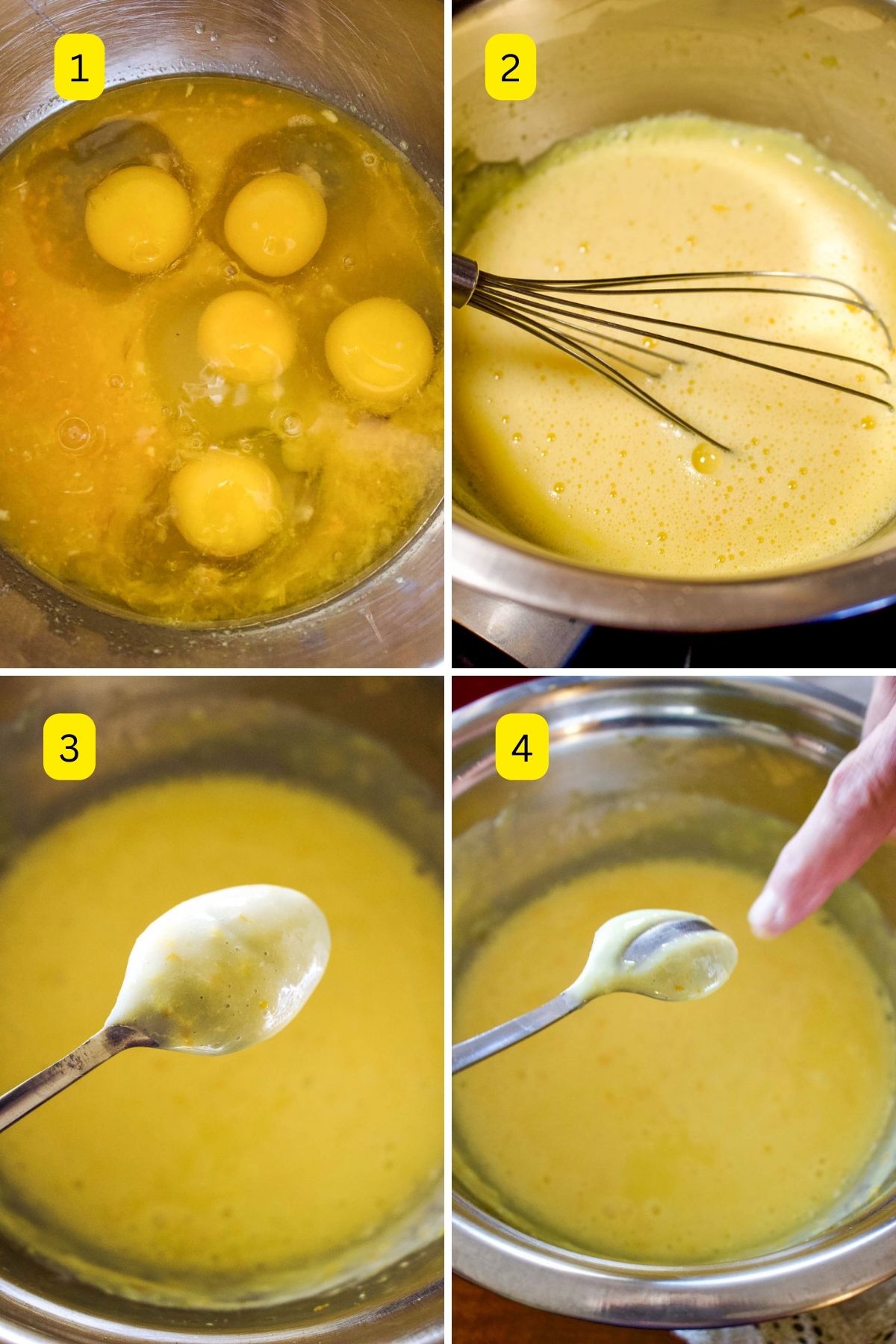 Collage of steps making the custard for Orange Charlotte Cake: mixing the ingredients in a bowl, simmering the custard on stove, testing the custard for doneness.