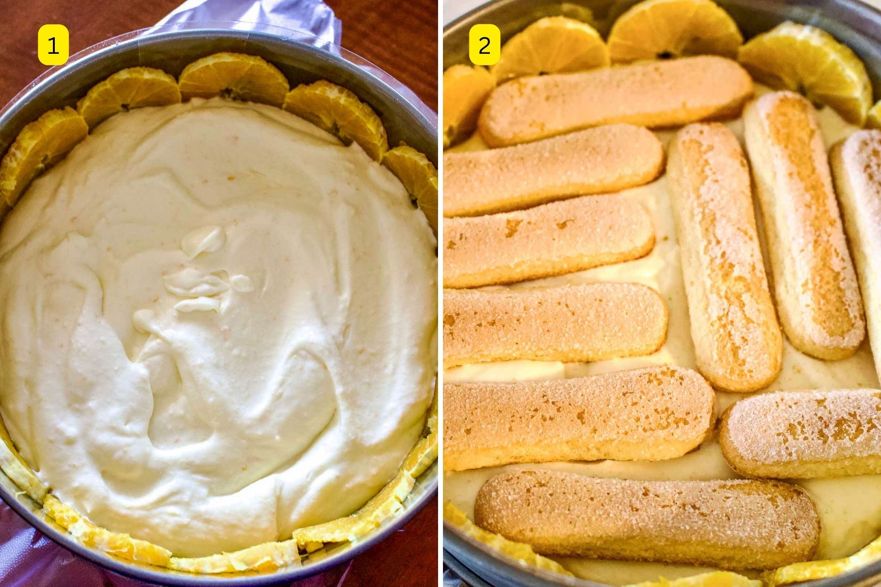 Collage of two images of how to assemble the Orange Charlotte Cake.