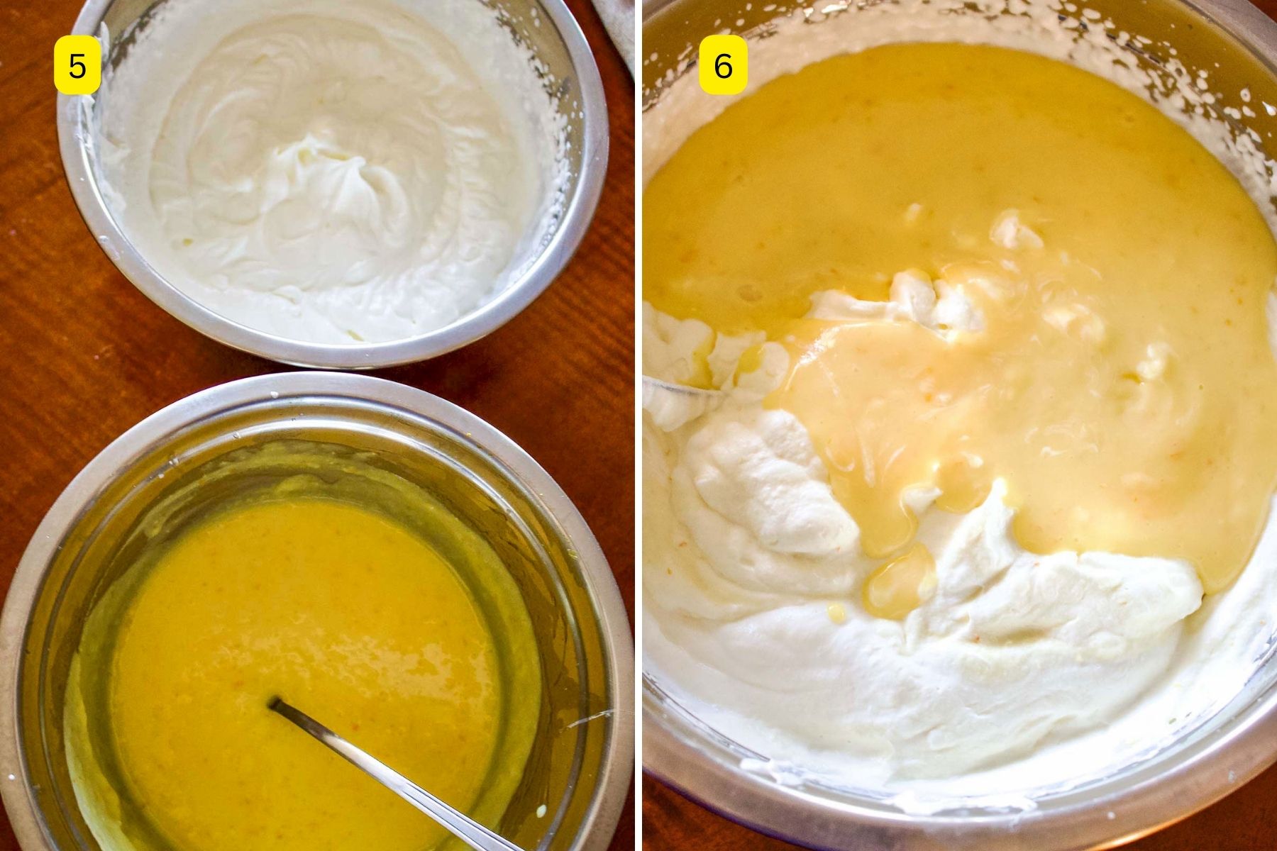 Collage of two images, step 5&6: combining orange custard with whipped cream.