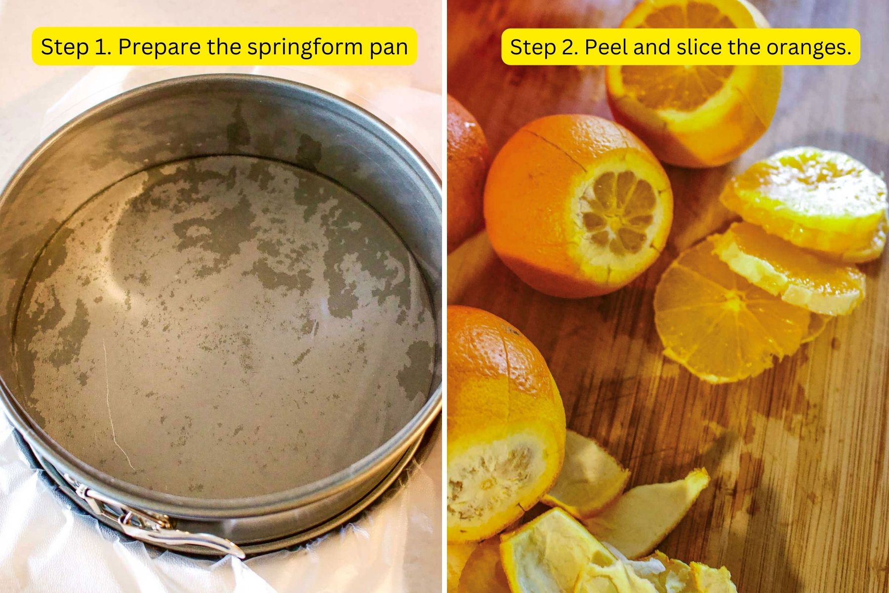 Step 1 and 2 Collage for Orange Charlotte Cake: preparing the springform and slicing the oranges.