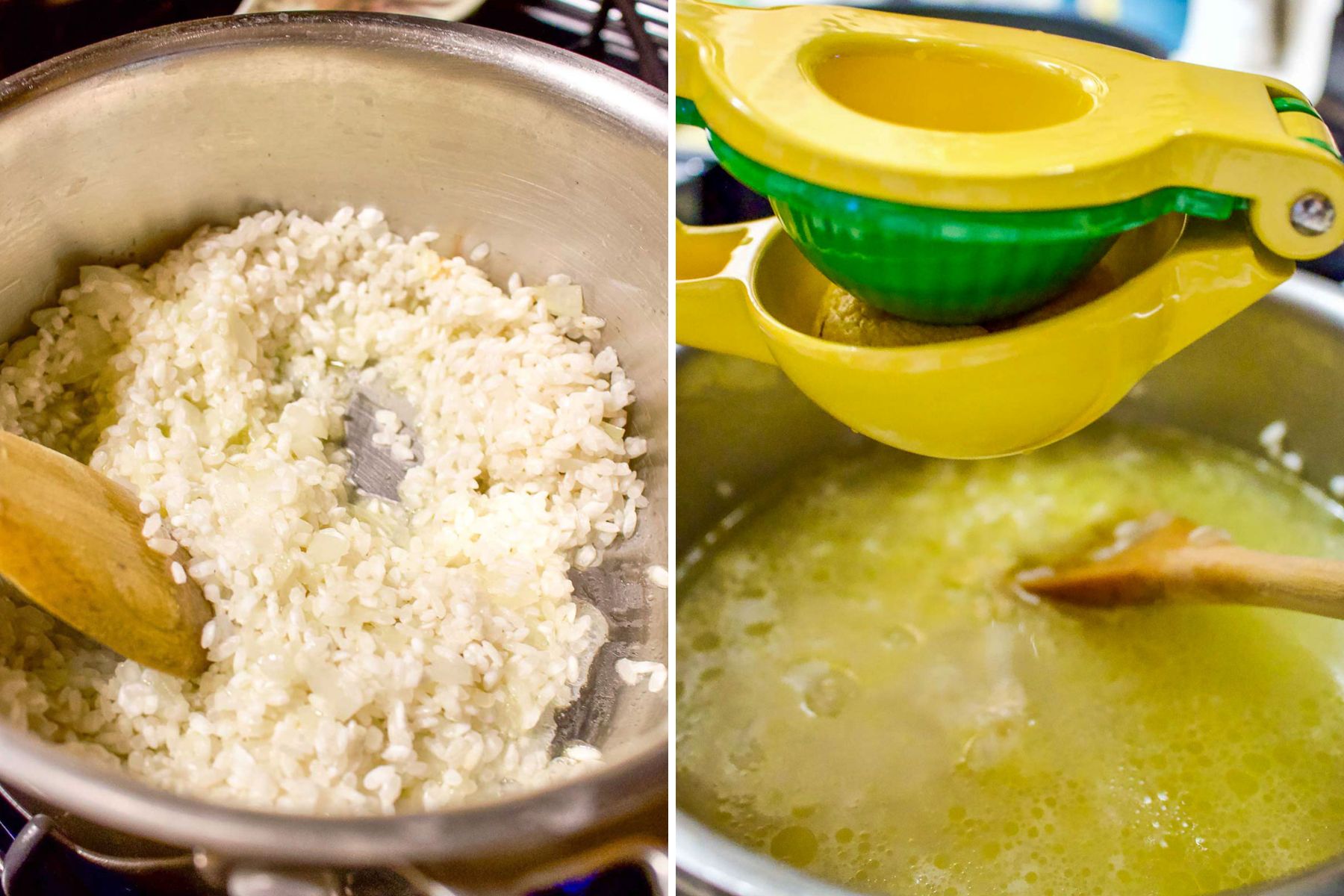 Collage of two steps making the lemon rice.