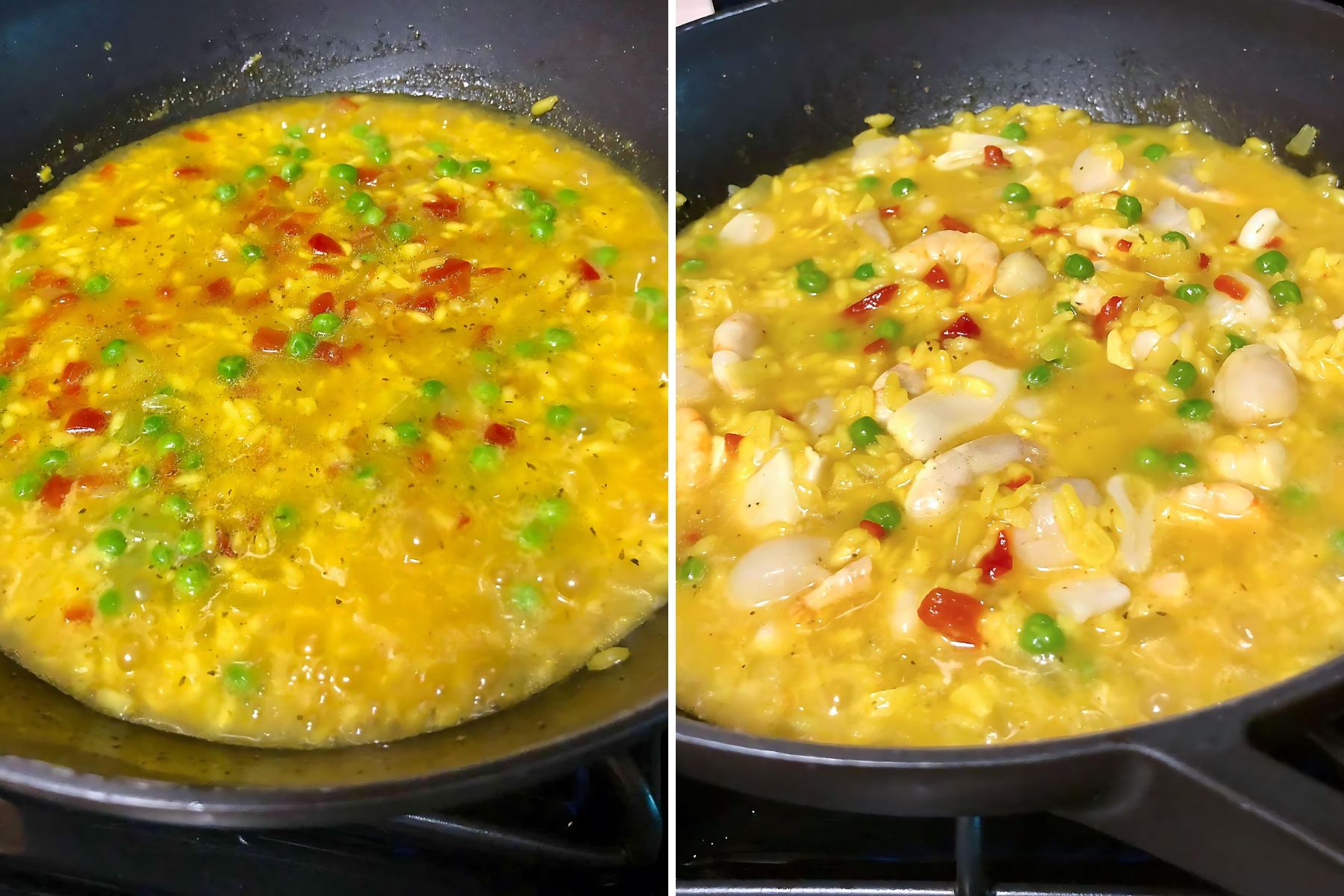 Collage of two steps of cooking yellow rice with seafood and veggies.