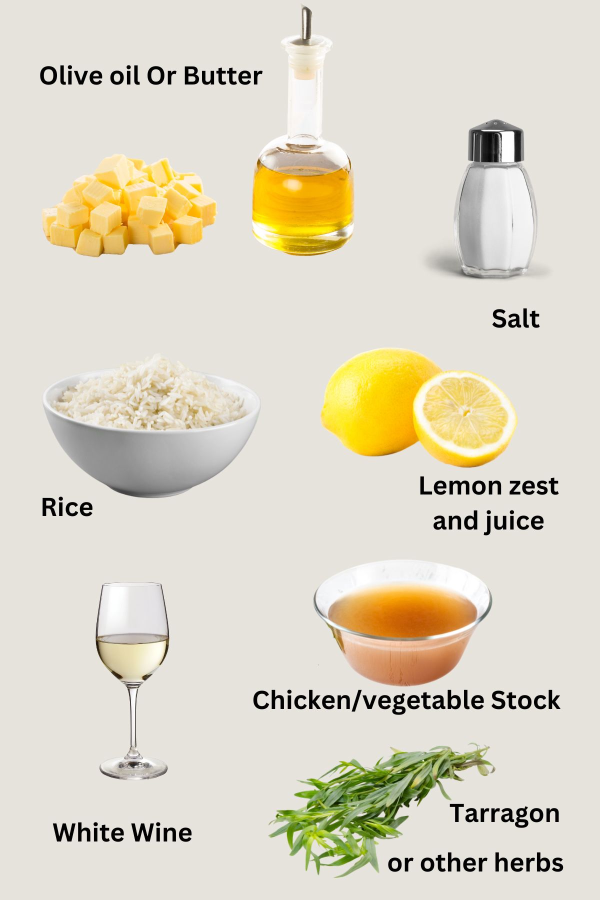 Collage of Ingredients for Easy Greek Lemon Rice Recipe (With Wine). 