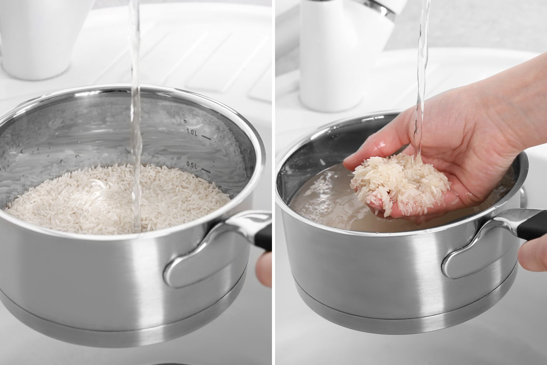 Rinsing rice collage of two image showing how to clean the rice.