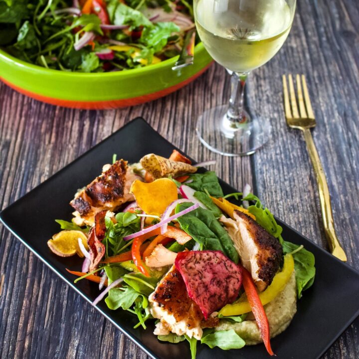 Cedar Plank Grilled Salmon On Roasted Eggplant With Greens and Sweet Potato Chips1414