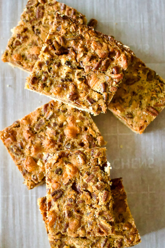 Pecan Pie Bars on parchment paper