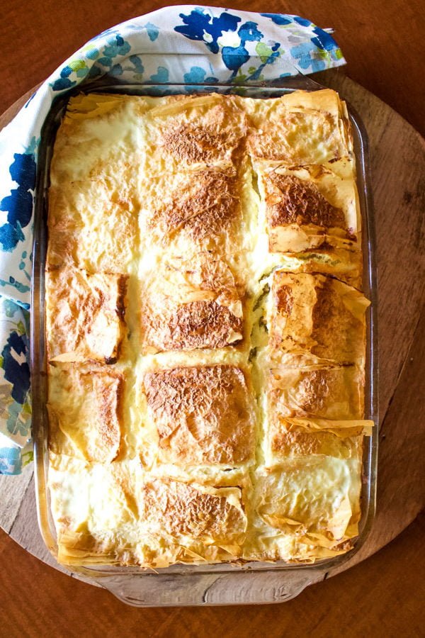 Sweet Cheese Slab Pie1616 Sweet Cheese Slab Pie- out of the oven with blue green and white kitchen towel