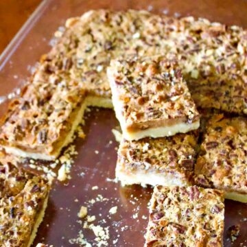 Toffee Pecan Pie Bars on the baking tray.